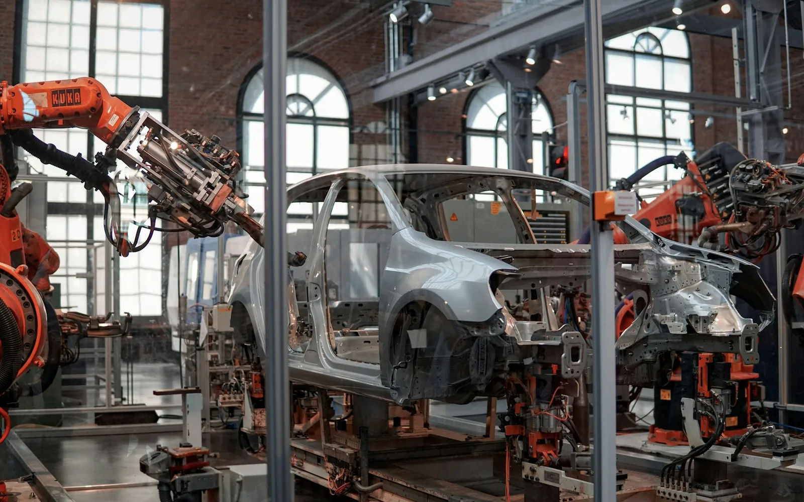 Industrial robots on a vehicle assembly line.